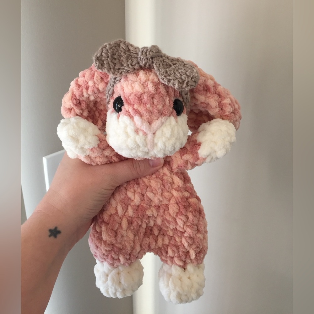 Handmade crochet pink bunny snuggler - small size